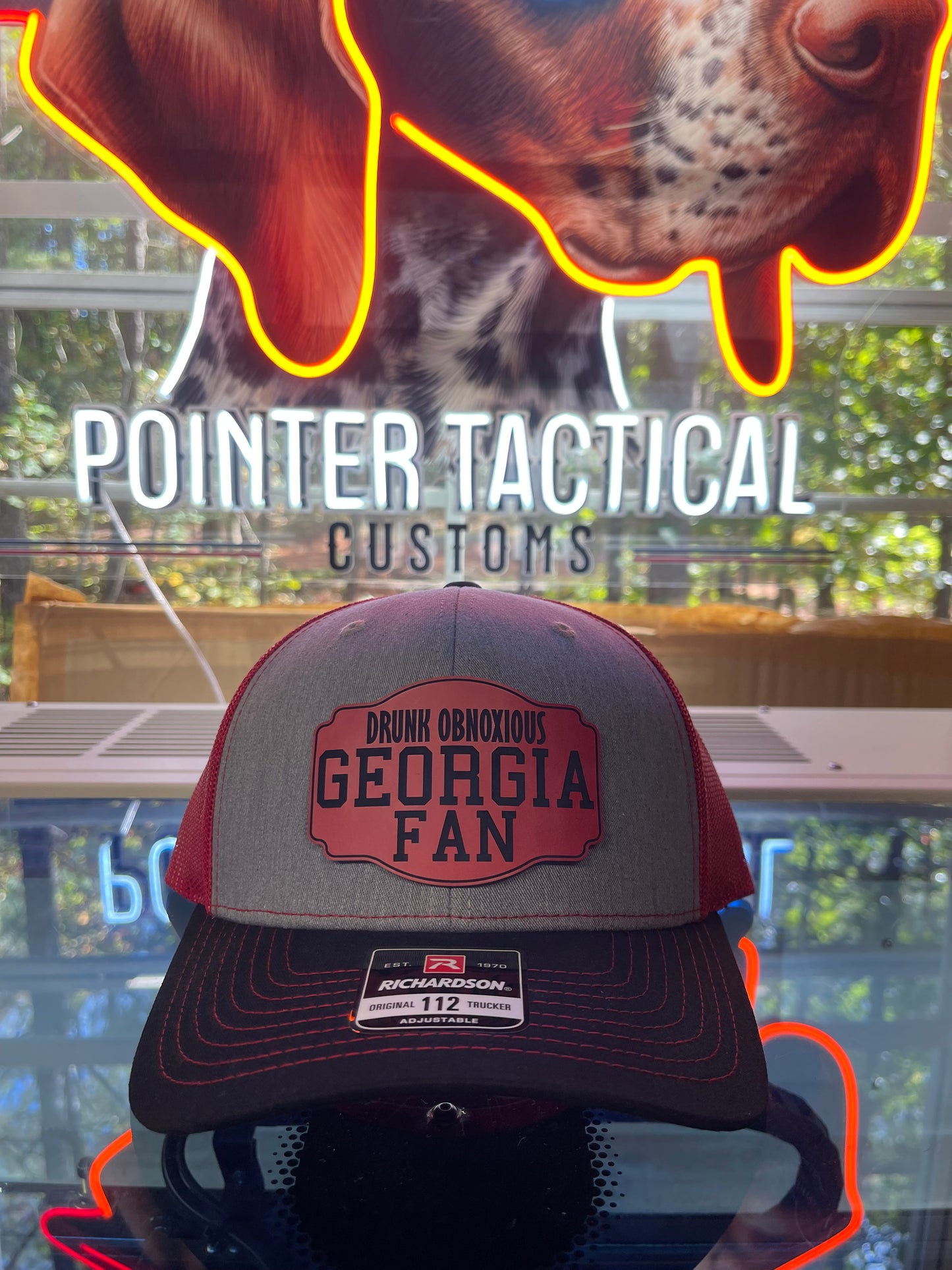 Drunk Obnoxious Georgia Fan Red Patch Hat – Gray/Black/Red Mesh Richardson 112 Trucker | Laser-Engraved Leather Patch | Pointer Tactical Customs