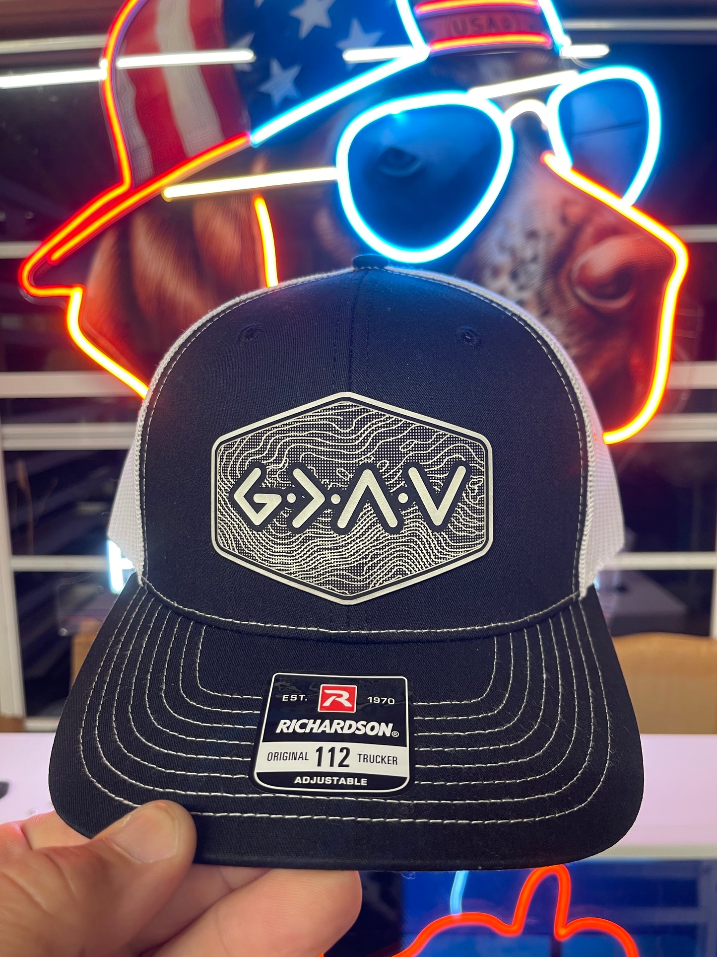 God is Greater Than the Highs and Lows Hex Topographic Patch Hat Black & White Richardson 112 Trucker Pointer Tactical Customs