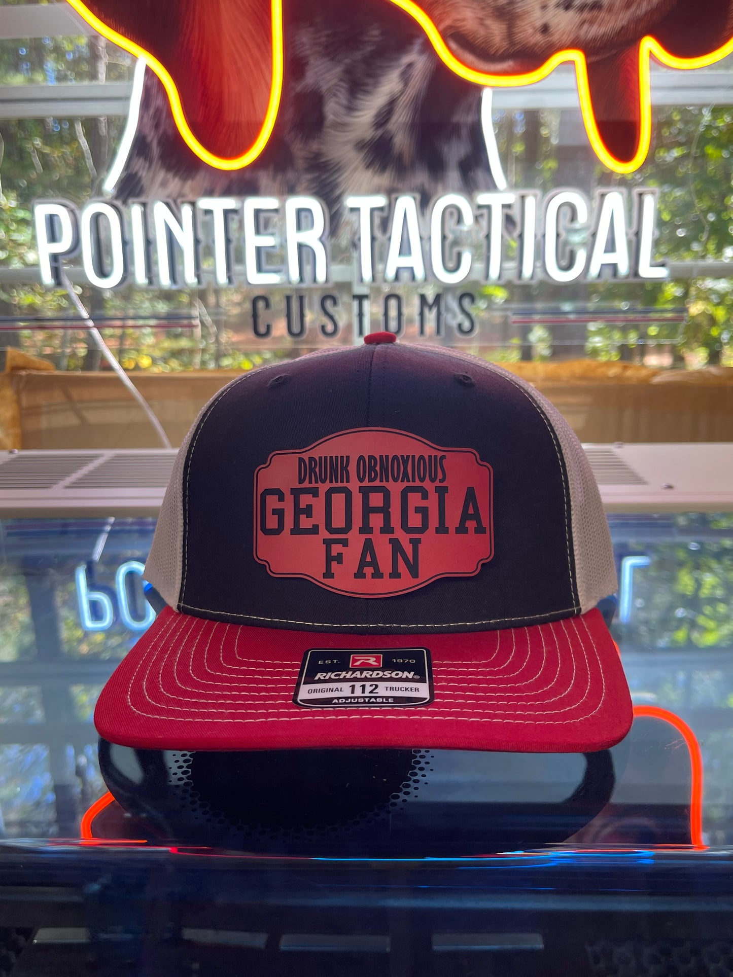 Drunk Obnoxious Georgia Fan Red Patch Hat – Black/Red Bill White Mesh Richardson 112 Trucker | Pointer Tactical Customs