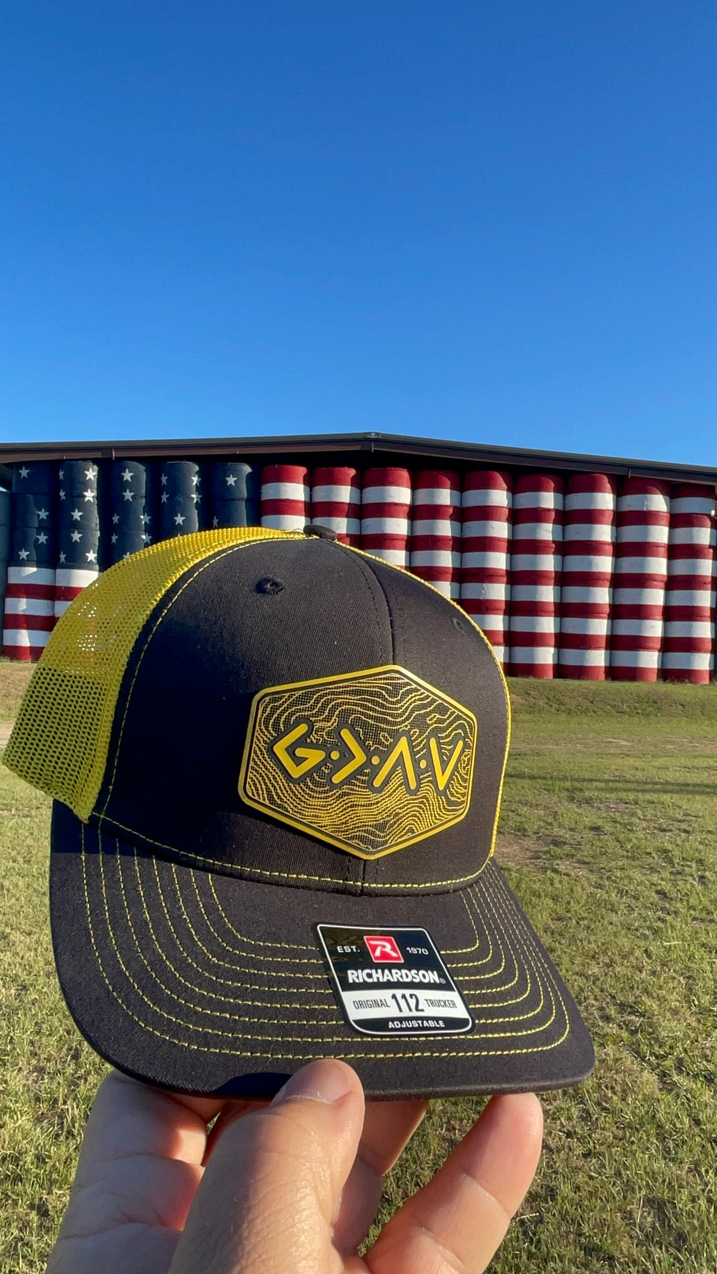 God is Greater Than the Highs and Lows Hex Topographic Patch Hat Yellow & Black Richardson 112 Trucker Pointer Tactical Customs