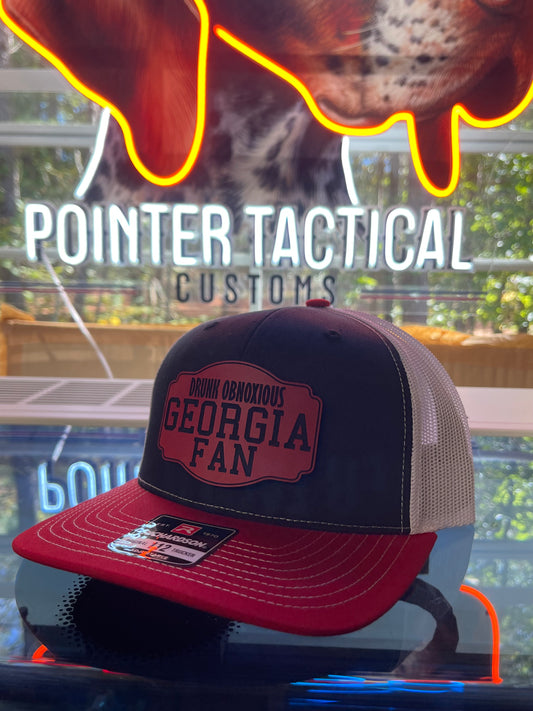 Drunk Obnoxious Georgia Fan Red Patch Hat – Black/Red Bill White Mesh Richardson 112 Trucker | Pointer Tactical Customs
