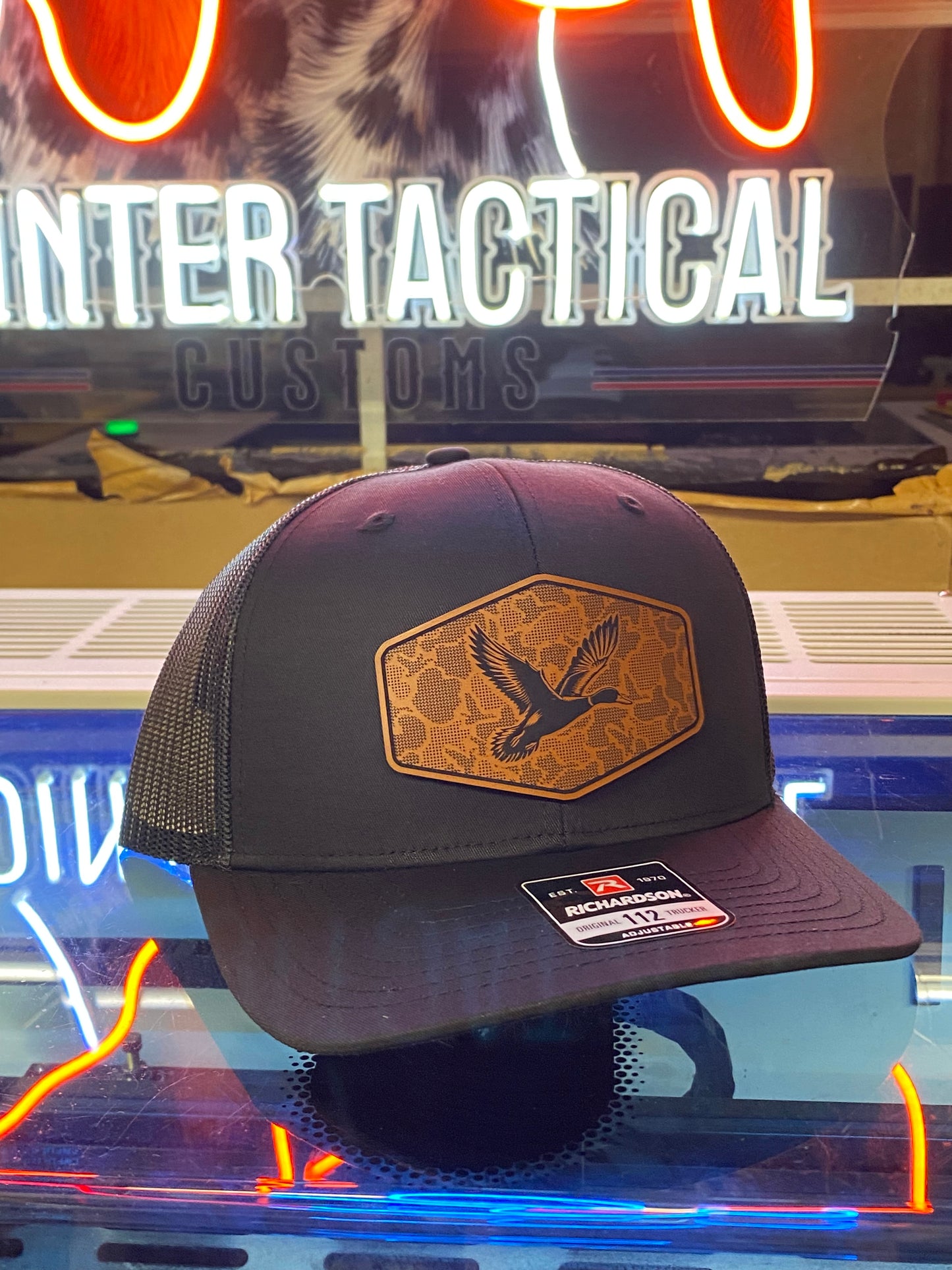 Duck Hunting Hat with Leather Patch | Mallard Camo Duck Trucker Cap | Pointer Tactical Customs