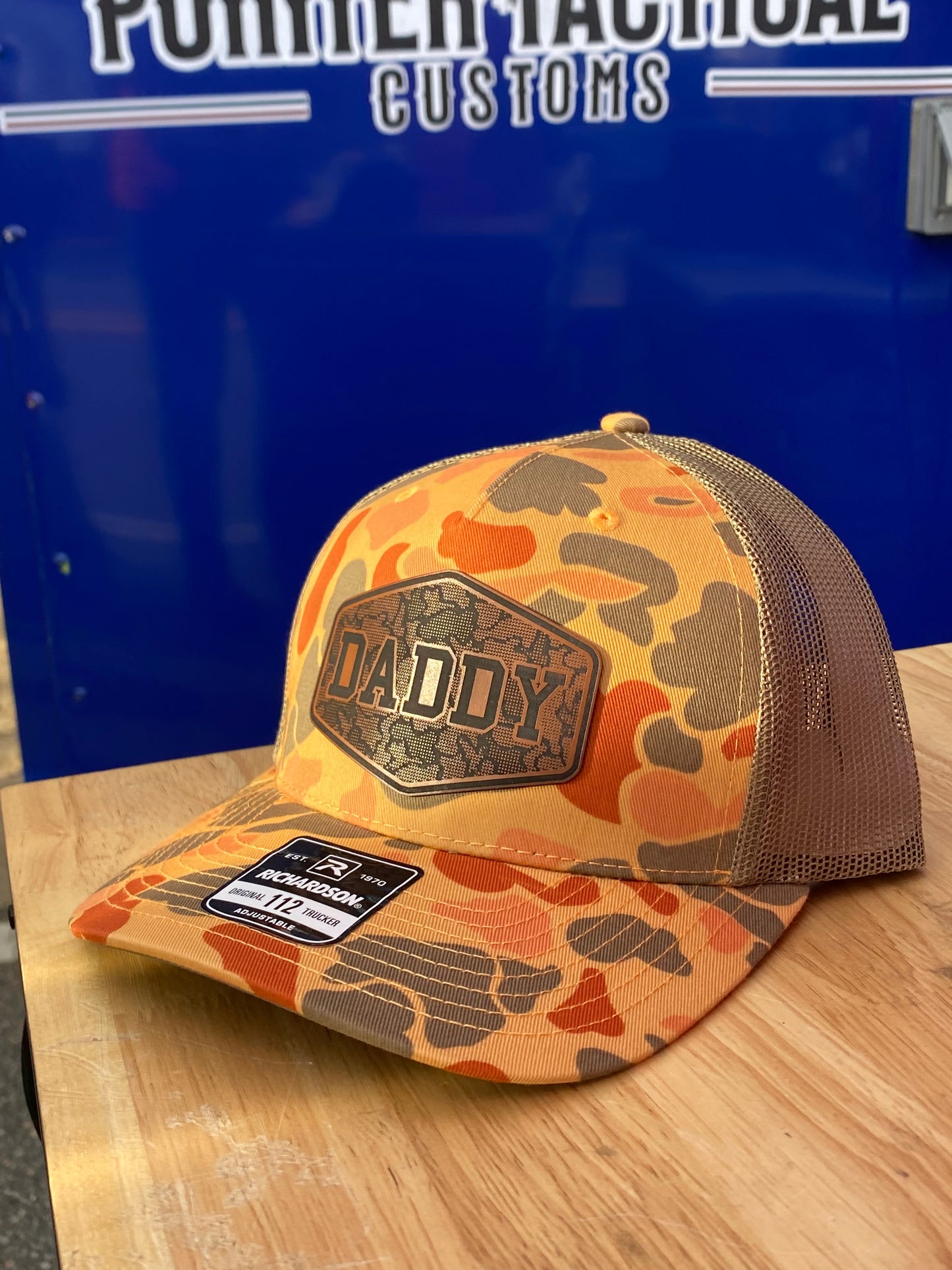 DADDY Leather Patch Hat – Richardson 112 | Retro Camo Trucker Cap | Pointer Tactical Customs
