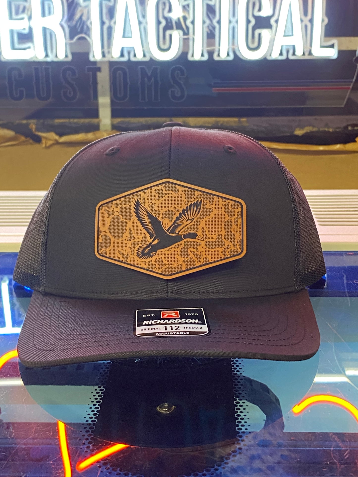 Duck Hunting Hat with Leather Patch | Mallard Camo Duck Trucker Cap | Pointer Tactical Customs