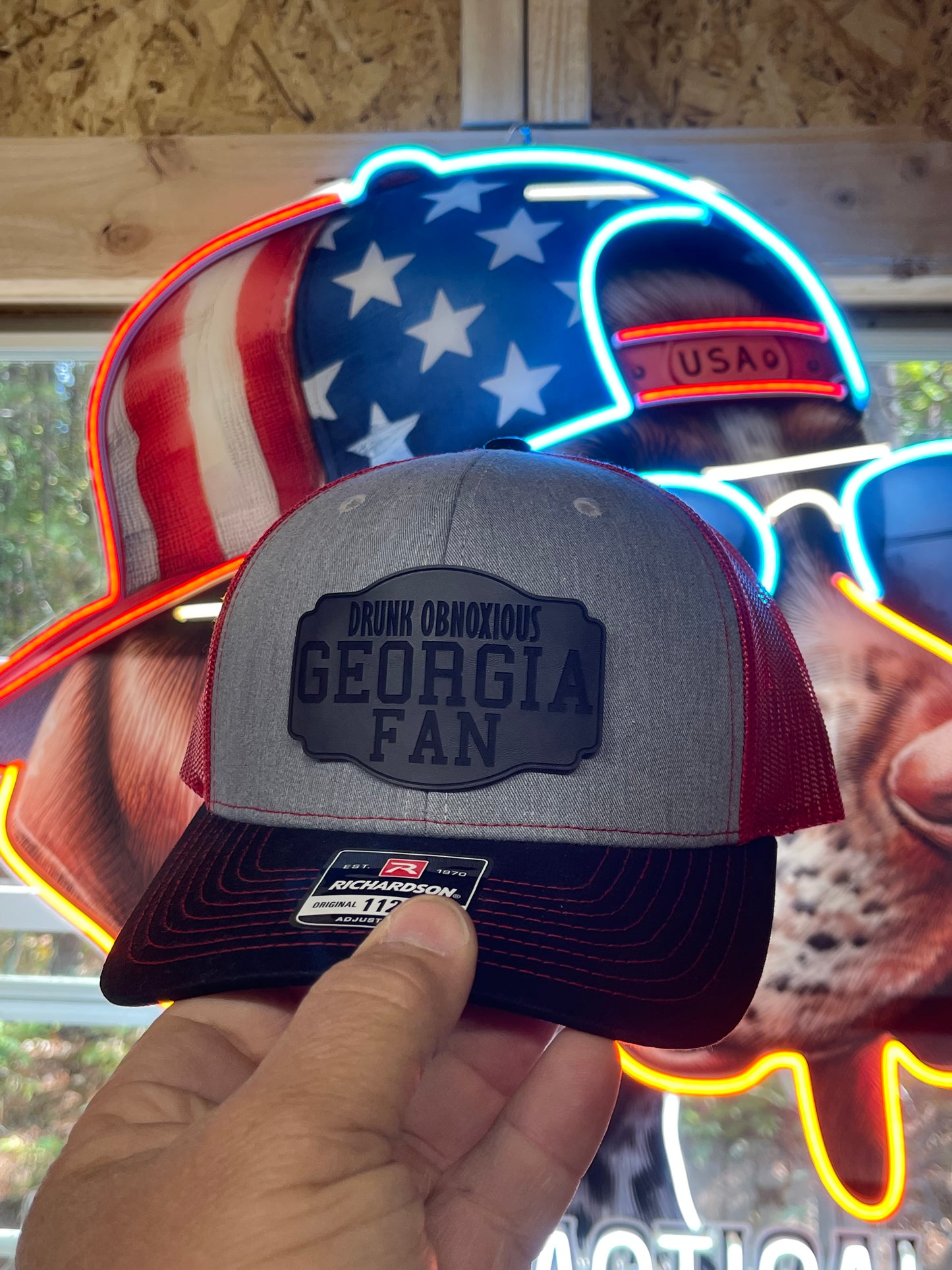 🔥 Drunk Obnoxious Georgia Fan Leather Blackout Patch Hat – gray  Black Red MeshRichardson 112 Trucker | Pointer Tactical Customs