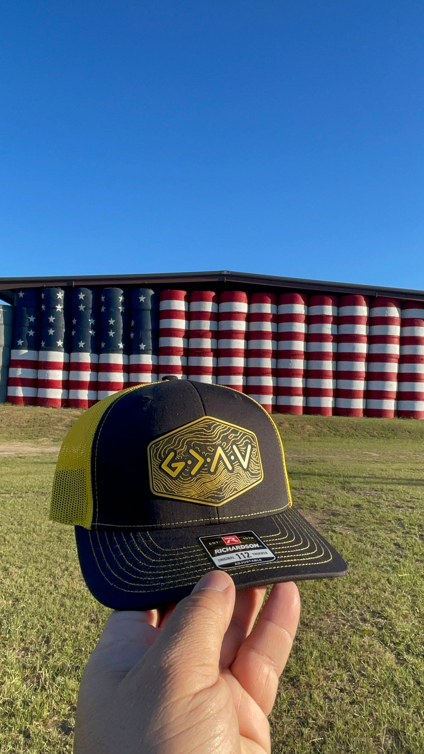 God is Greater Than the Highs and Lows Hex Topographic Patch Hat Yellow & Black Richardson 112 Trucker Pointer Tactical Customs