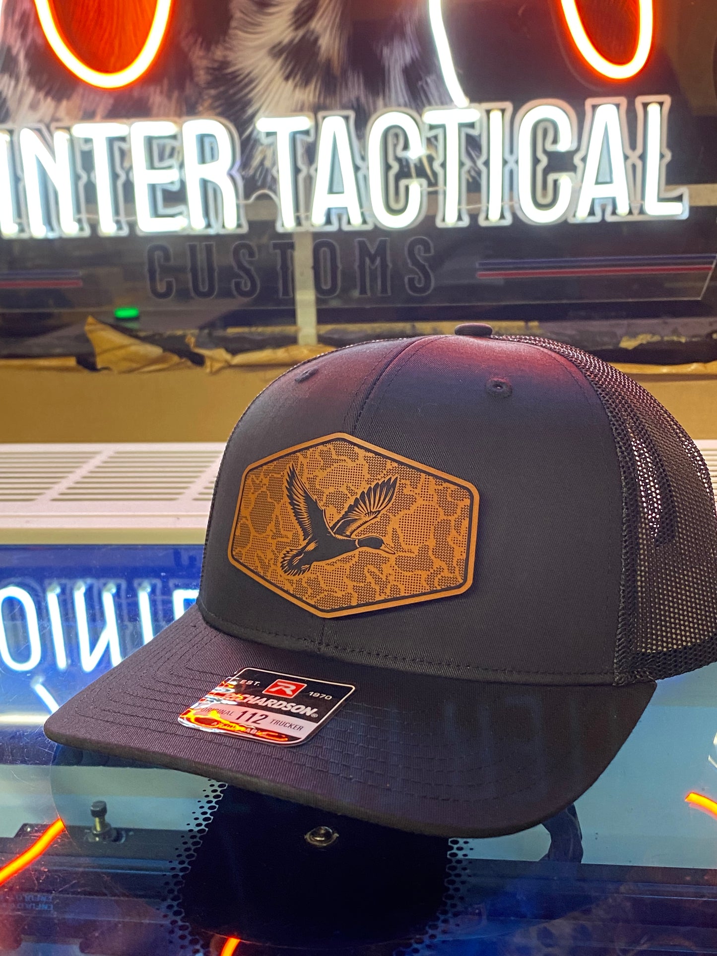 Duck Hunting Hat with Leather Patch | Mallard Camo Duck Trucker Cap | Pointer Tactical Customs