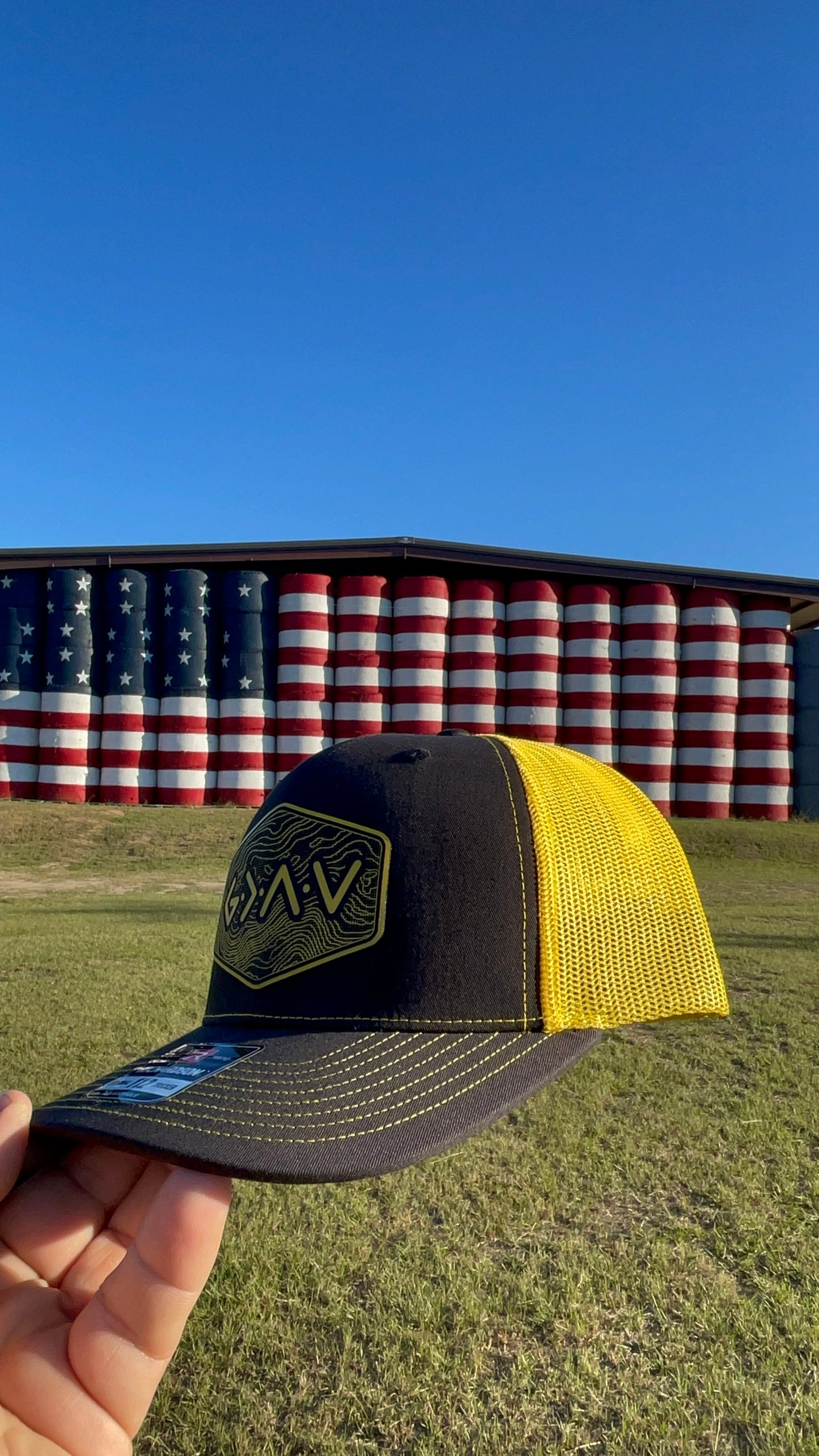 God is Greater Than the Highs and Lows Hex Topographic Patch Hat Yellow & Black Richardson 112 Trucker Pointer Tactical Customs