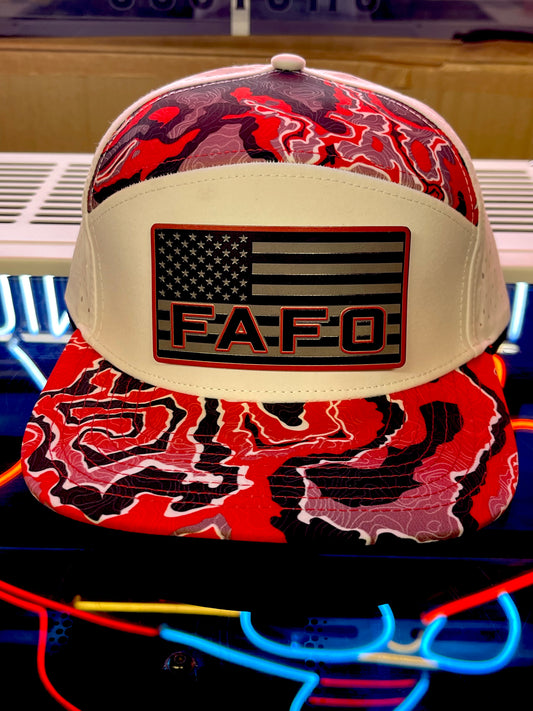 FAFO Hat – American Flag Black/Red Patch on White/Red Camo Snapback | Patriotic Tactical Cap