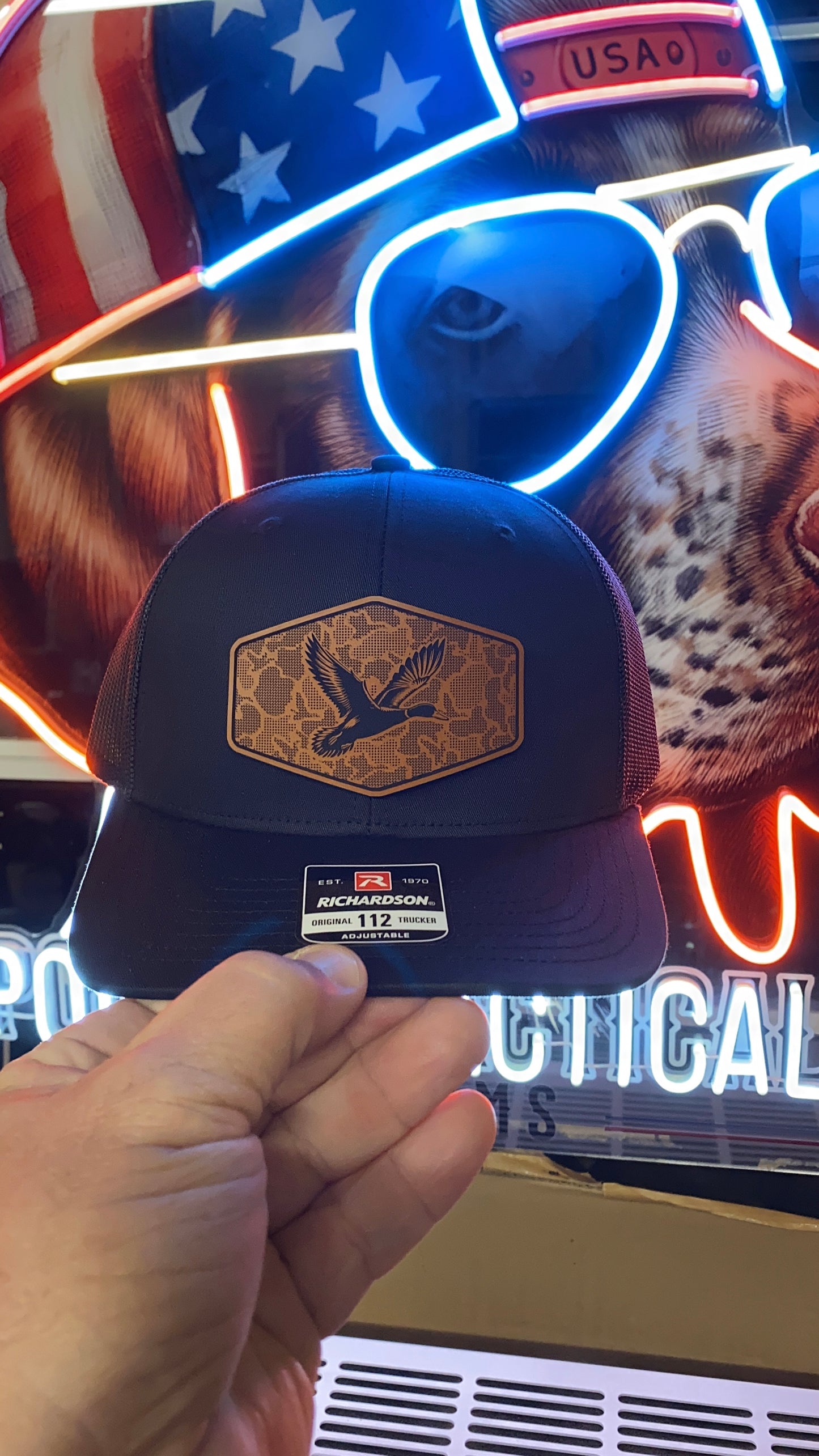 Duck Hunting Hat with Leather Patch | Mallard Camo Duck Trucker Cap | Pointer Tactical Customs