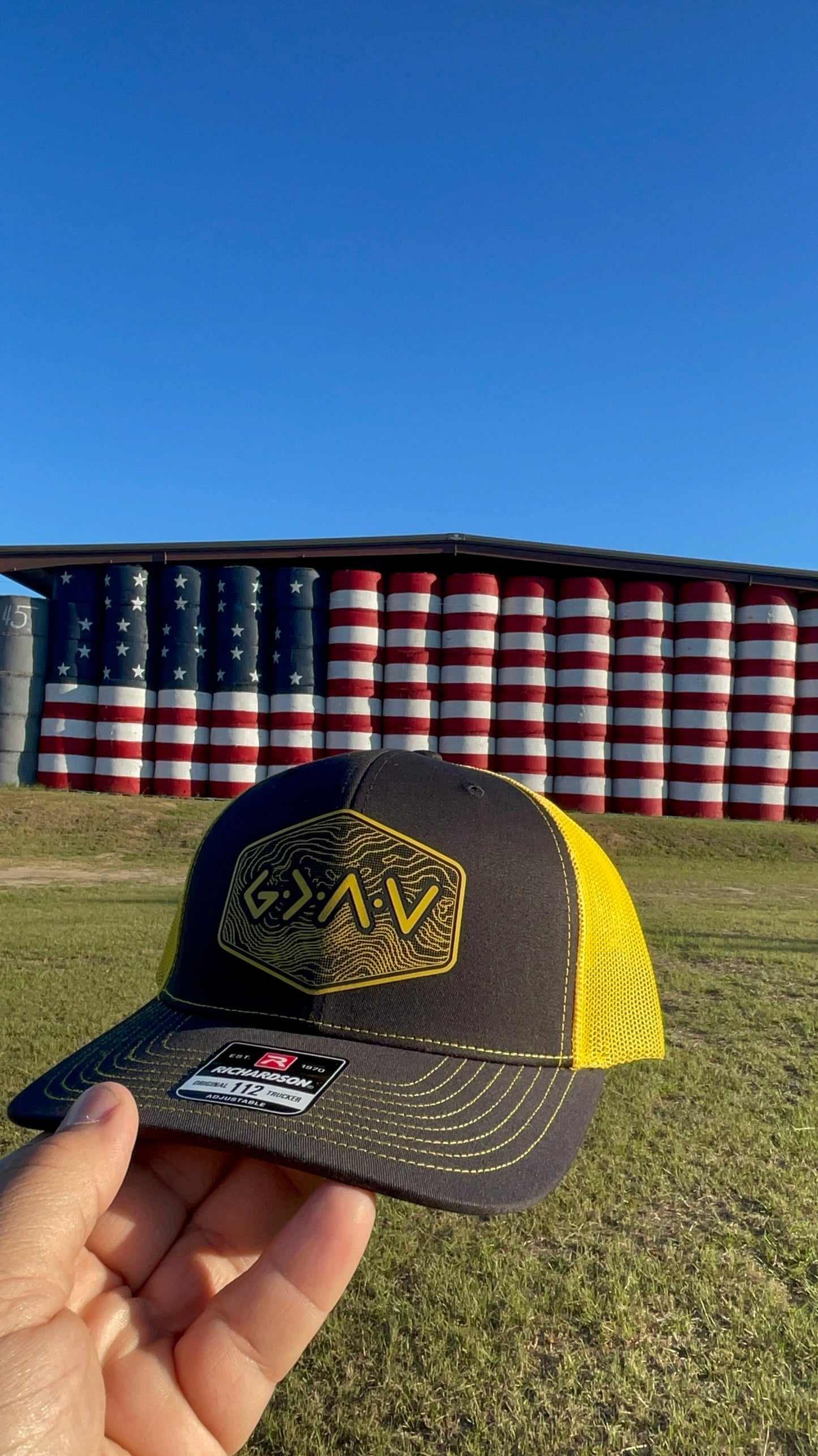 God is Greater Than the Highs and Lows Hex Topographic Patch Hat Yellow & Black Richardson 112 Trucker Pointer Tactical Customs