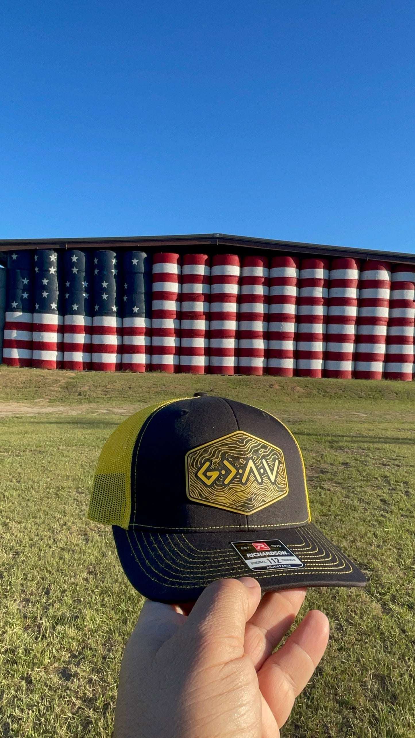 God is Greater Than the Highs and Lows Hex Topographic Patch Hat Yellow & Black Richardson 112 Trucker Pointer Tactical Customs