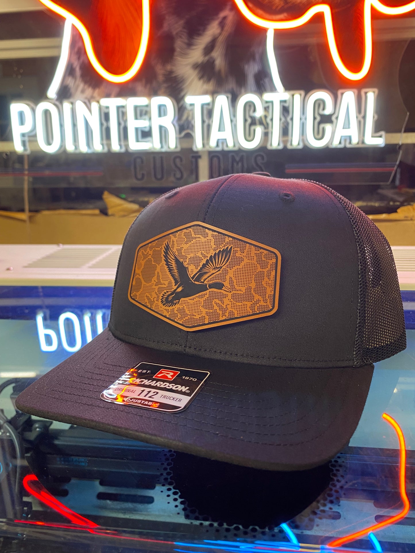 Duck Hunting Hat with Leather Patch | Mallard Camo Duck Trucker Cap | Pointer Tactical Customs