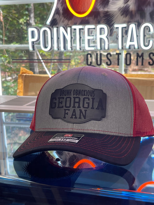 🔥 Drunk Obnoxious Georgia Fan Leather Blackout Patch Hat – gray  Black Red MeshRichardson 112 Trucker | Pointer Tactical Customs