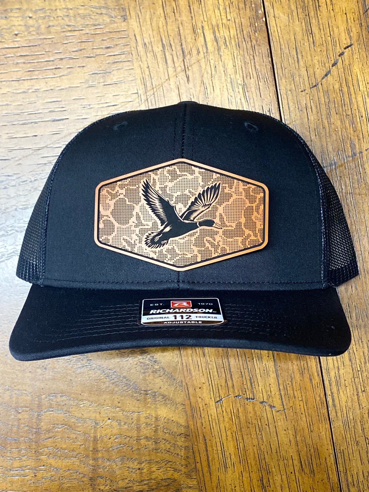 Duck Hunting Hat with Leather Patch | Mallard Camo Duck Trucker Cap | Pointer Tactical Customs