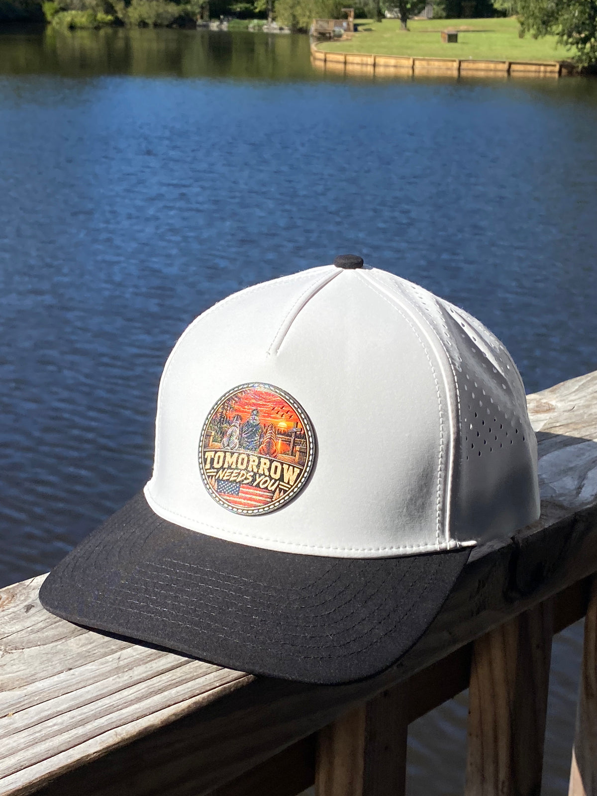 Tomorrow Needs You Hat on a White & Black with a Sunset Patch Cap