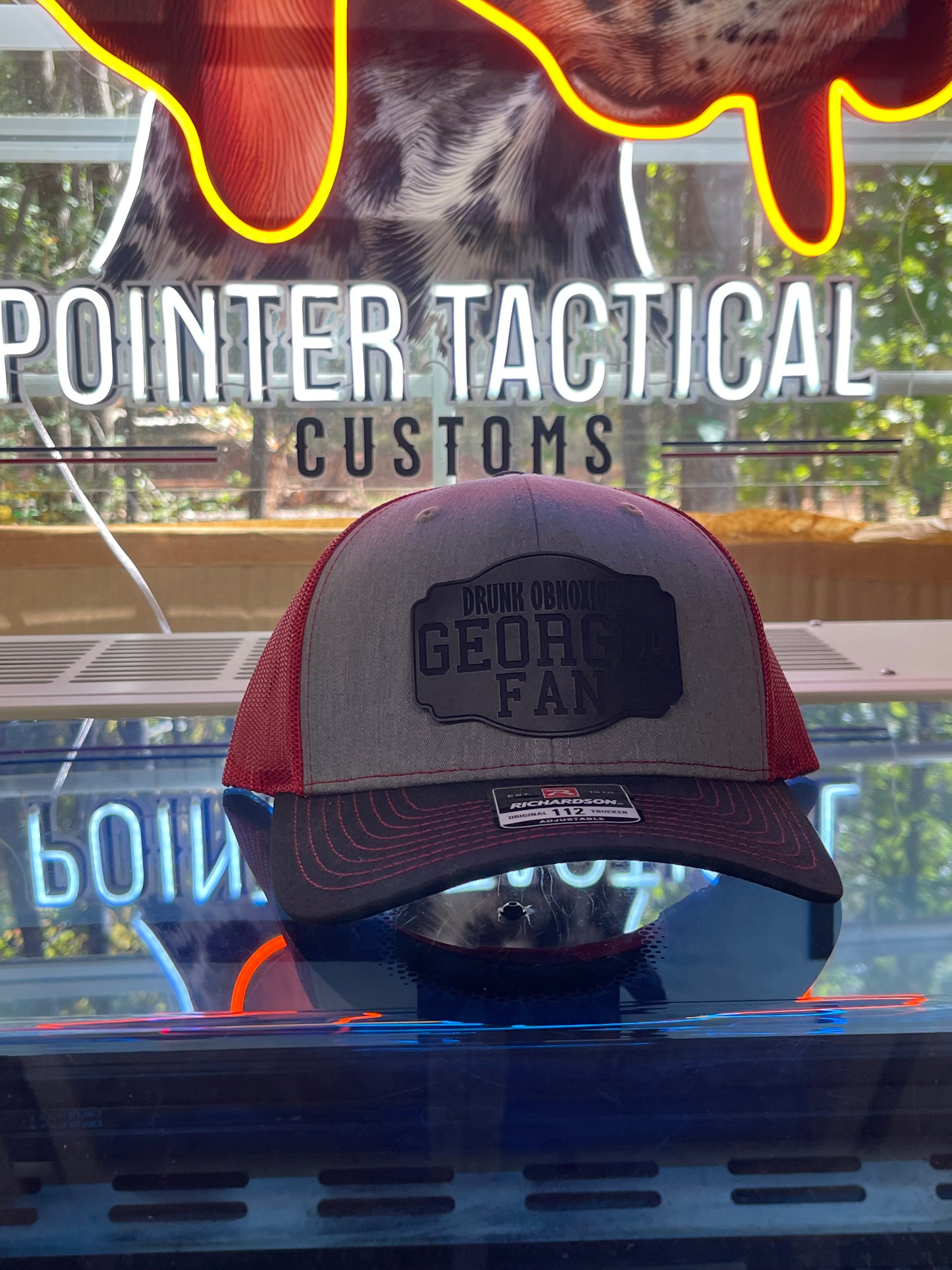 🔥 Drunk Obnoxious Georgia Fan Leather Blackout Patch Hat – gray  Black Red MeshRichardson 112 Trucker | Pointer Tactical Customs