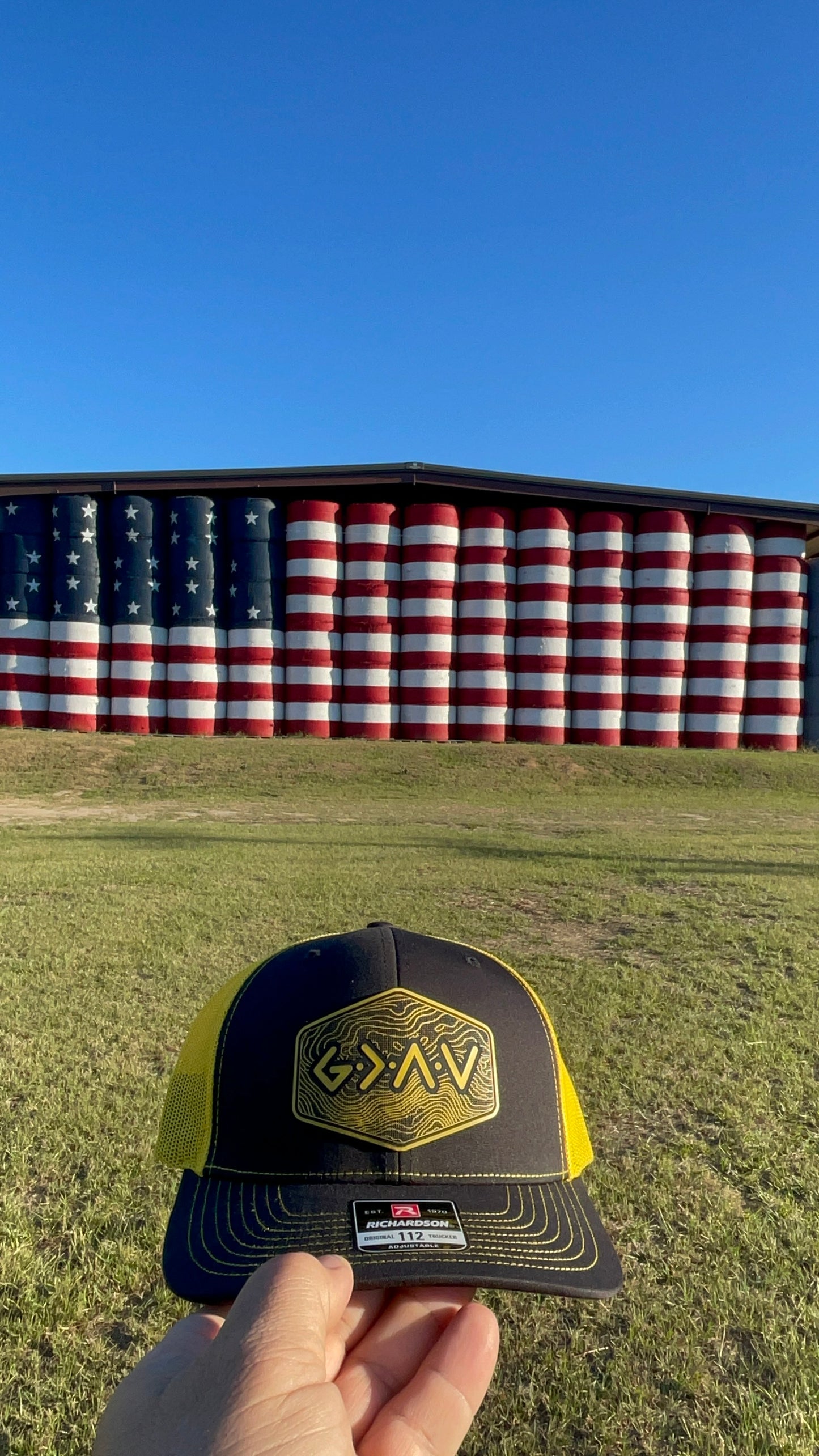 God is Greater Than the Highs and Lows Hex Topographic Patch Hat Yellow & Black Richardson 112 Trucker Pointer Tactical Customs