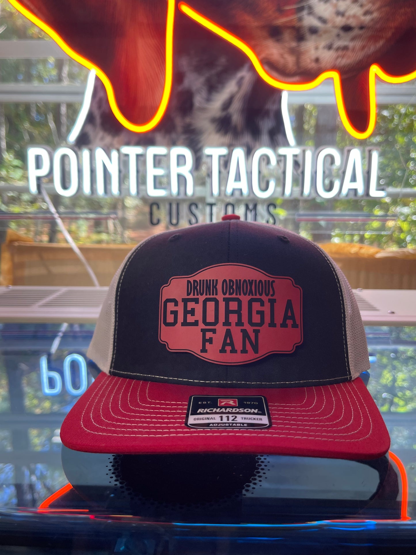 Drunk Obnoxious Georgia Fan Red Patch Hat – Black/Red Bill White Mesh Richardson 112 Trucker | Pointer Tactical Customs
