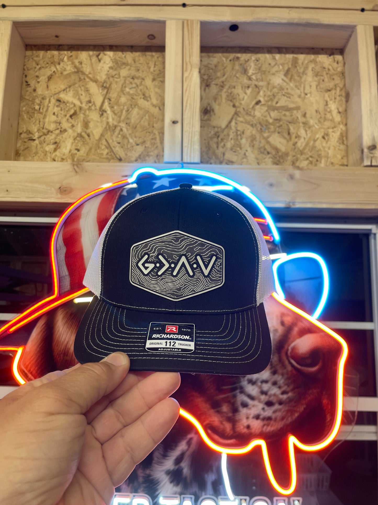 God is Greater Than the Highs and Lows Hex Topographic Patch Hat Black & White Richardson 112 Trucker Pointer Tactical Customs