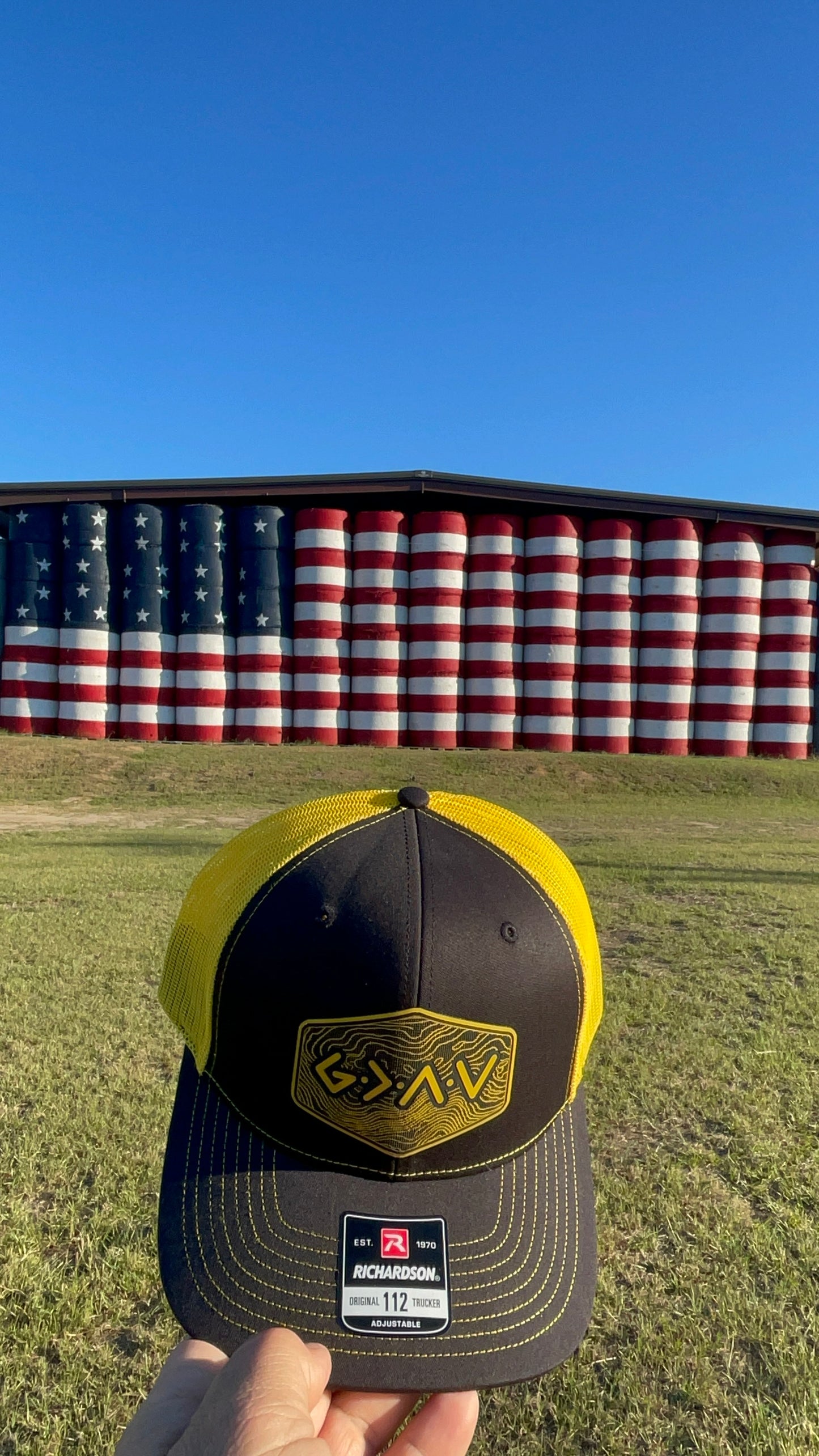 God is Greater Than the Highs and Lows Hex Topographic Patch Hat Yellow & Black Richardson 112 Trucker Pointer Tactical Customs