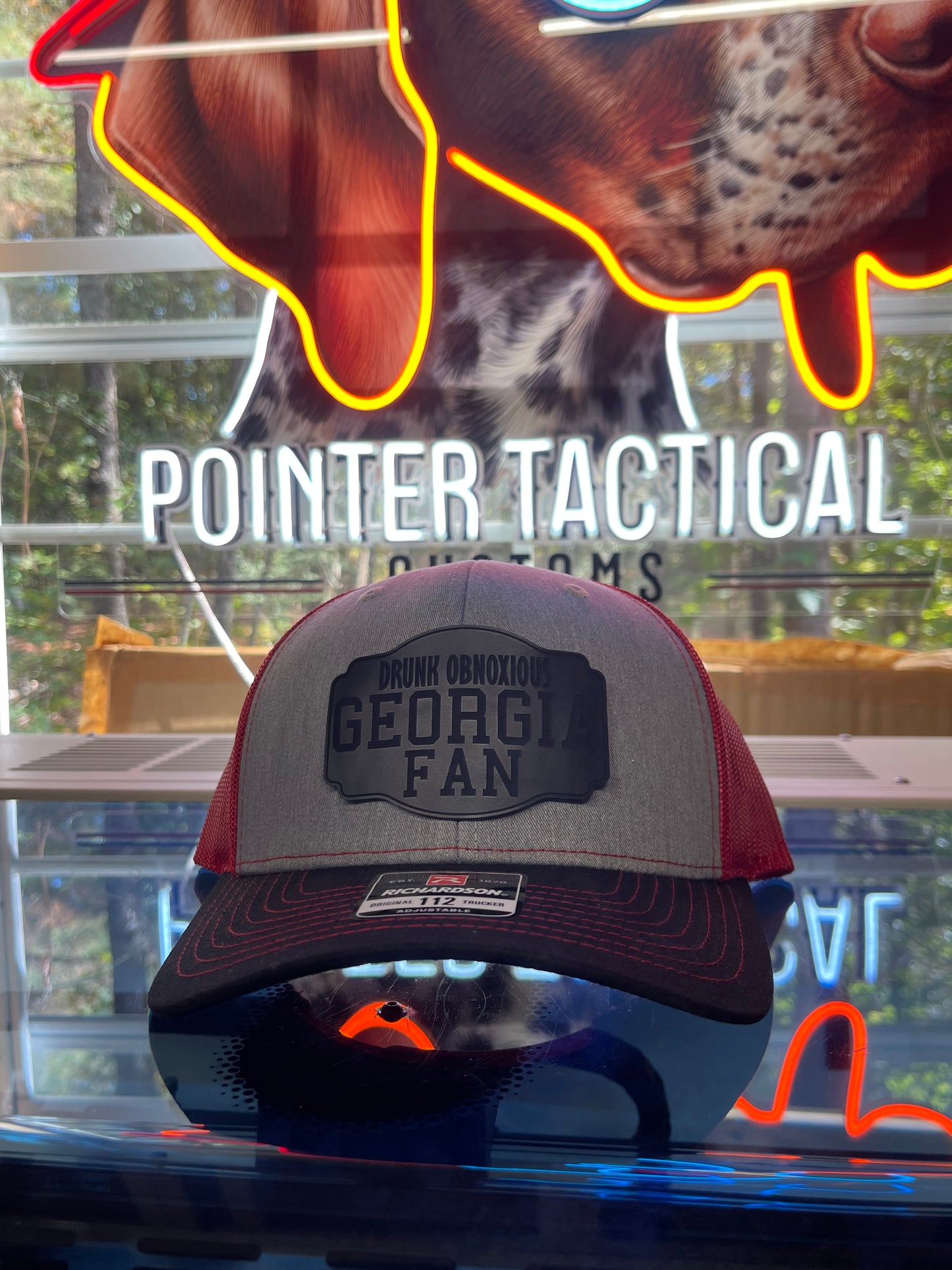 🔥 Drunk Obnoxious Georgia Fan Leather Blackout Patch Hat – gray  Black Red MeshRichardson 112 Trucker | Pointer Tactical Customs