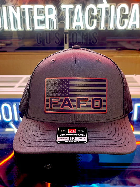 FAFO Hat – American Flag Black/Red Patch Charcoal Richardson 112 Trucker | Tactical Snapback Cap