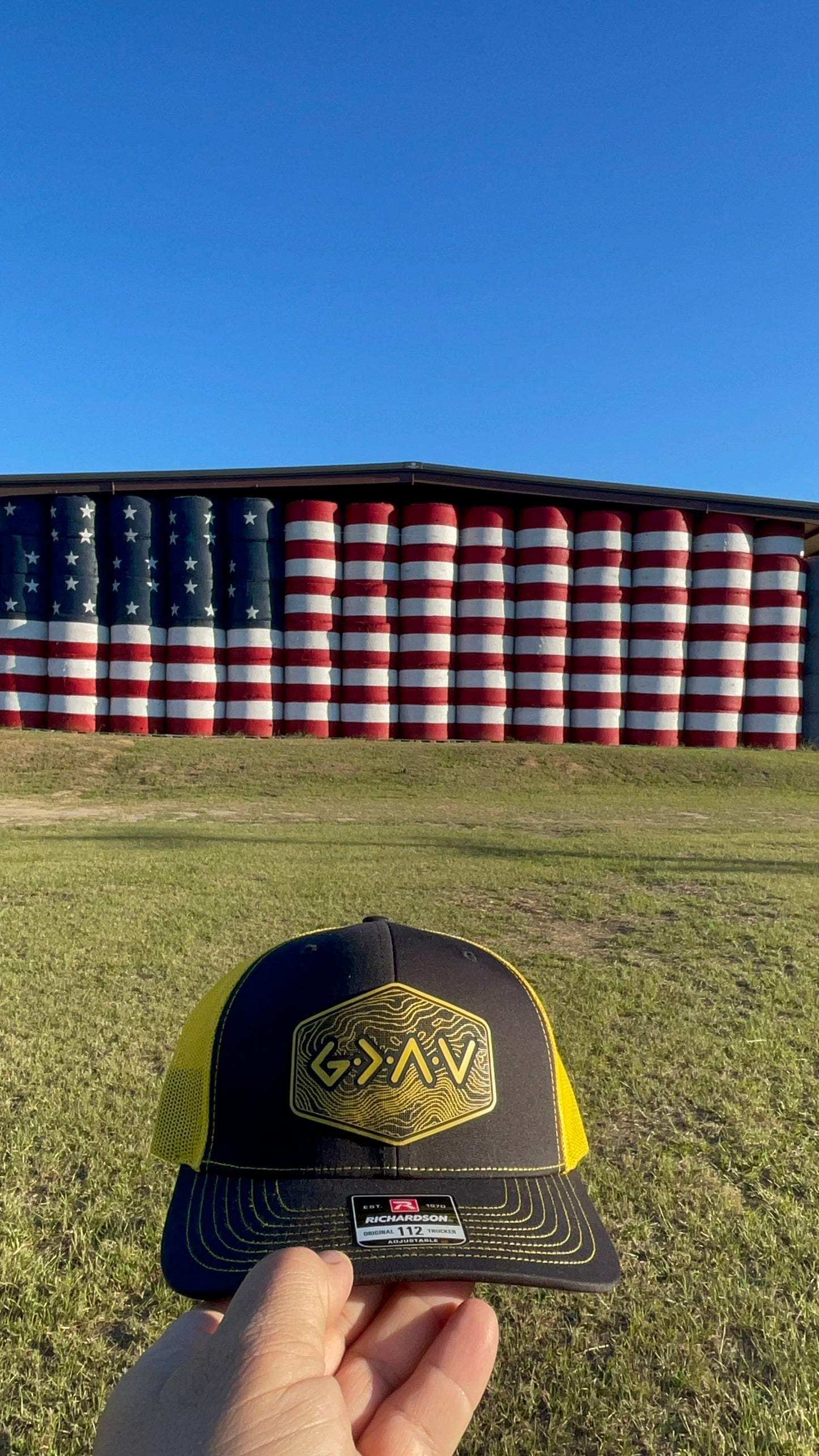 God is Greater Than the Highs and Lows Hex Topographic Patch Hat Yellow & Black Richardson 112 Trucker Pointer Tactical Customs