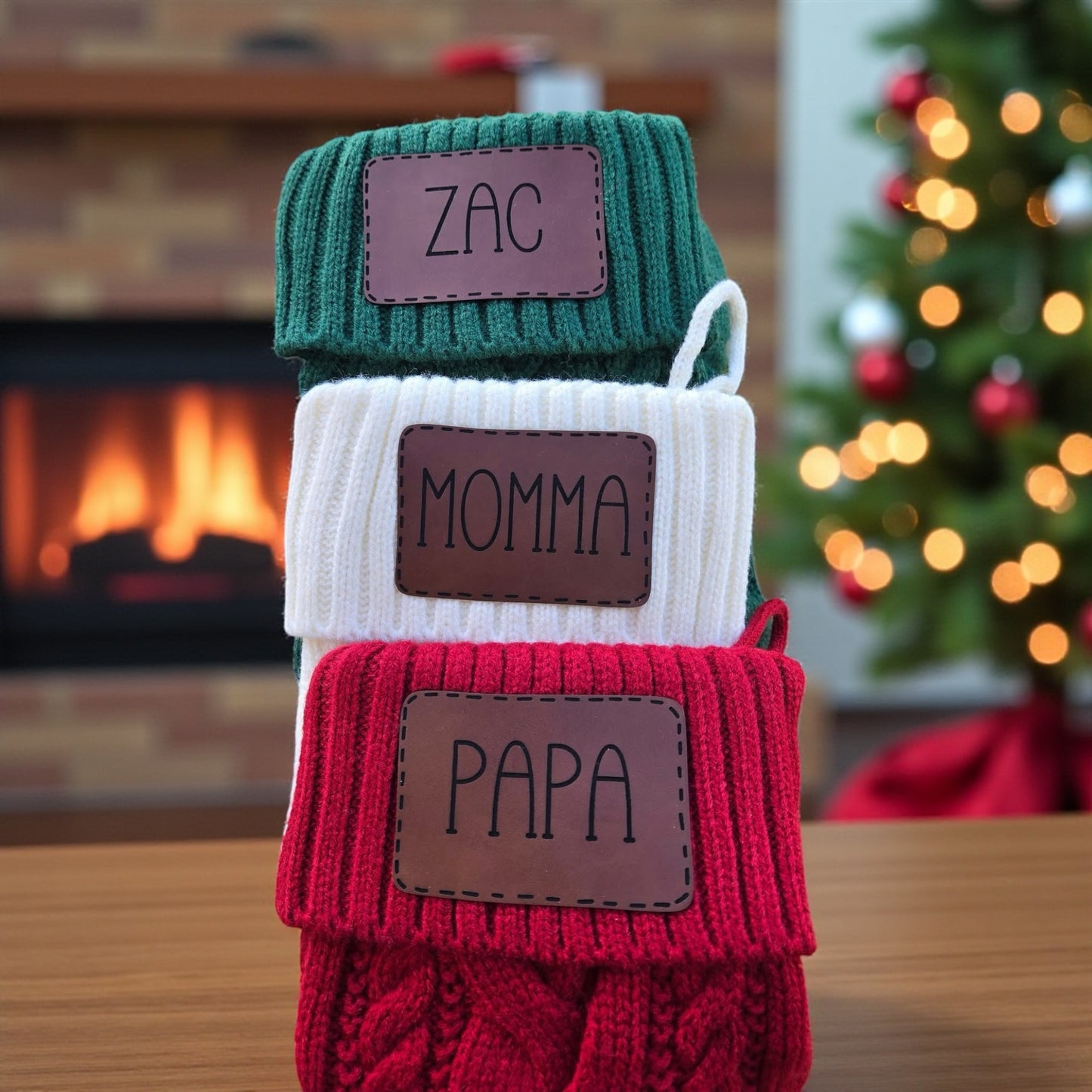 Custom Christmas Stockings with Engraved Leather Name Patch | Personalized Holiday Stocking | Family & K9 Gift | Limited Edition