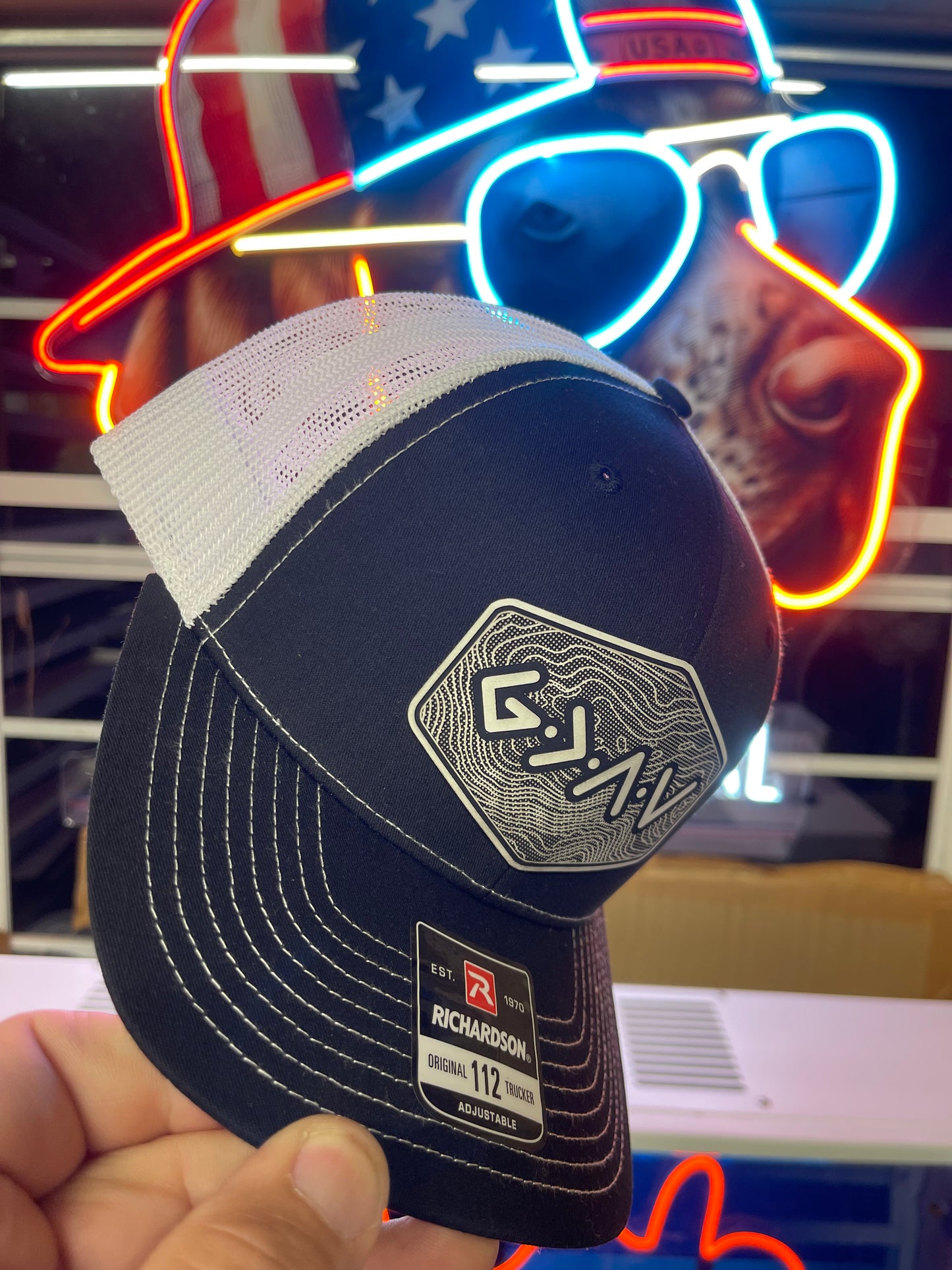 God is Greater Than the Highs and Lows Hex Topographic Patch Hat Black & White Richardson 112 Trucker Pointer Tactical Customs