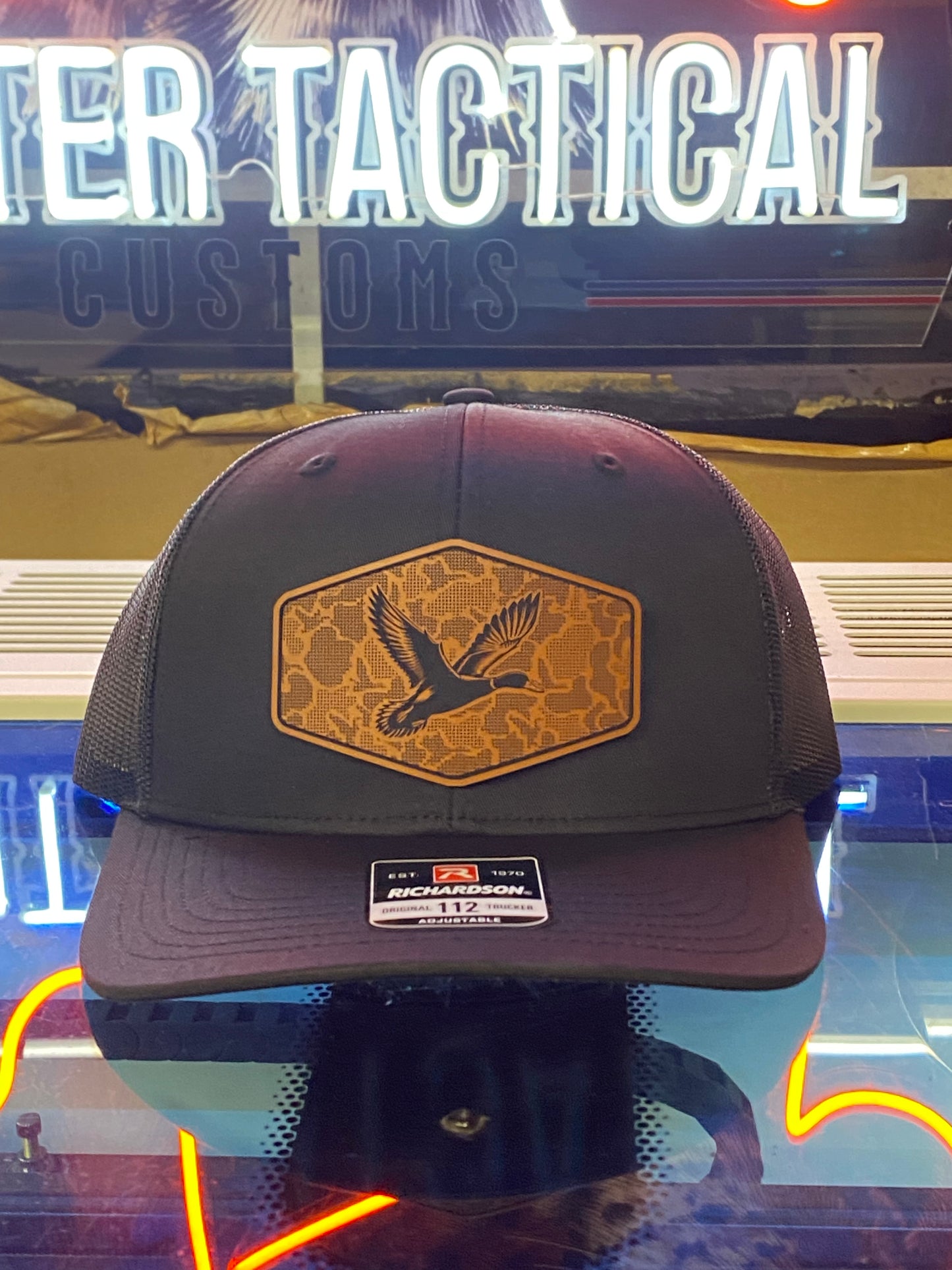 Duck Hunting Hat with Leather Patch | Mallard Camo Duck Trucker Cap | Pointer Tactical Customs
