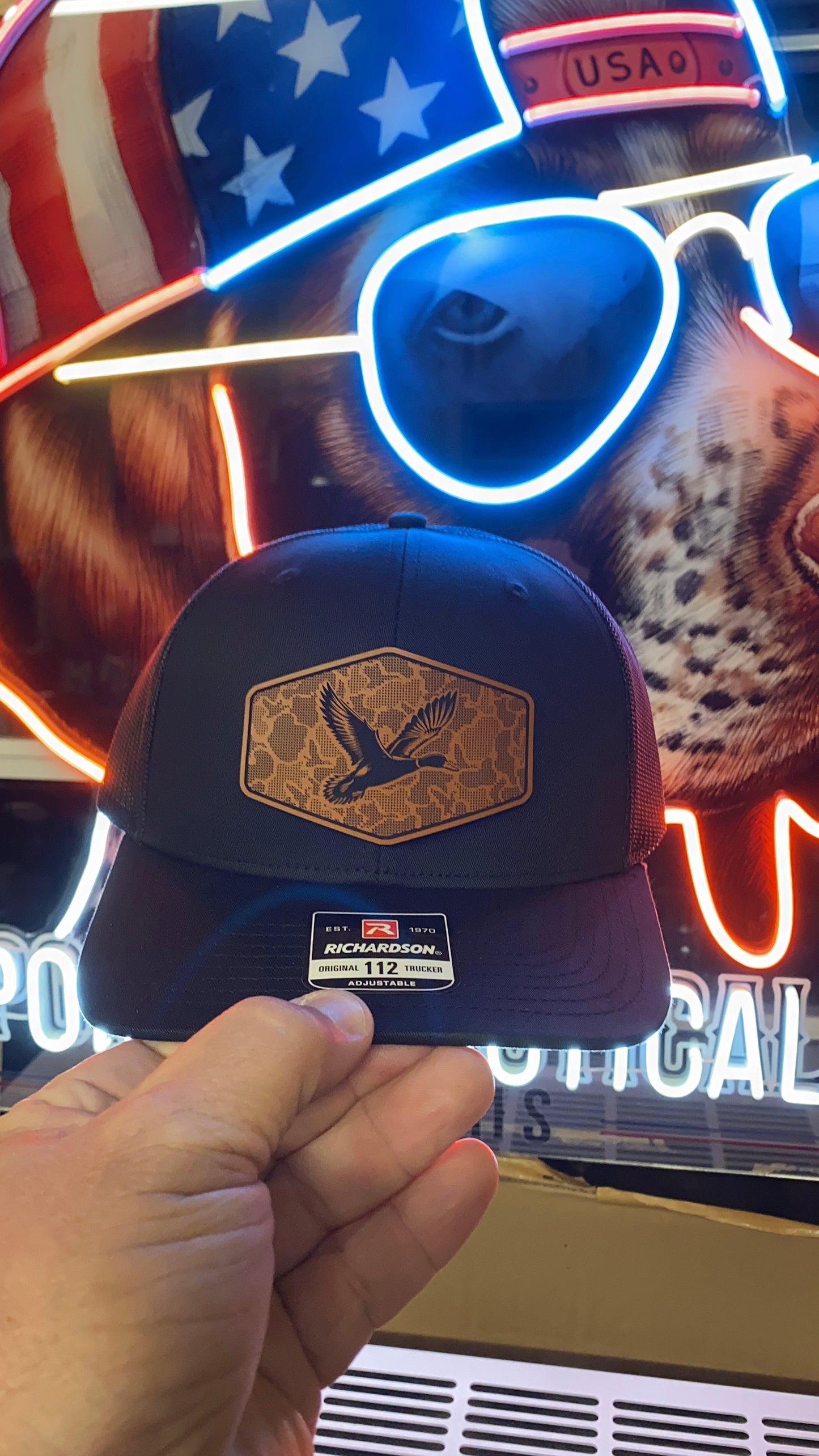 Duck Hunting Hat with Leather Patch | Mallard Camo Duck Trucker Cap | Pointer Tactical Customs