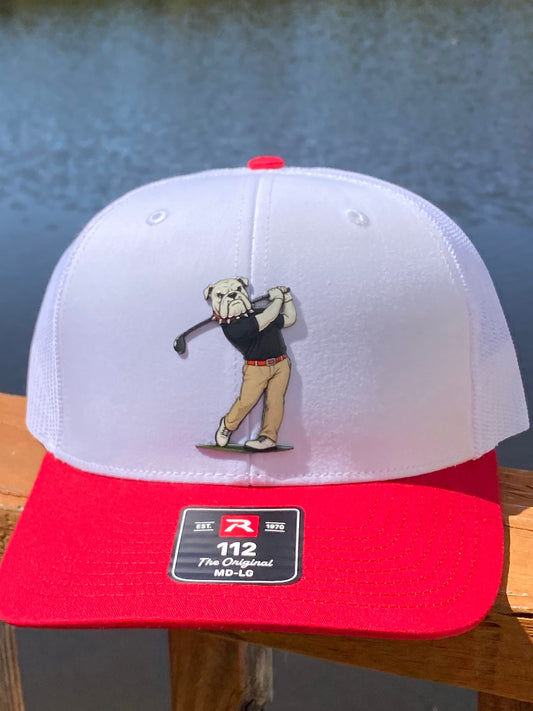 Bulldog Golfer Trucker Hat – White & Red Golf Cap Richardson 112 Snapback