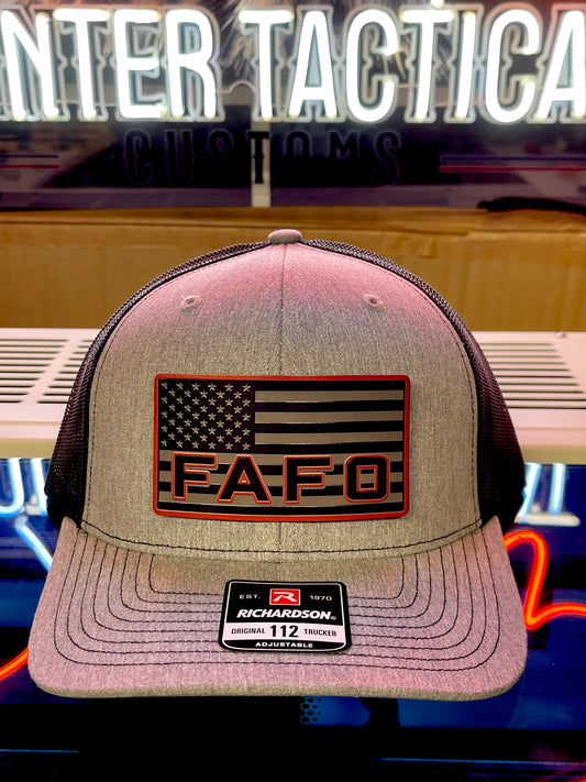 FAFO Hat – American Flag Patch Heather Grey Richardson 112 Trucker | Patriotic Snapback Cap