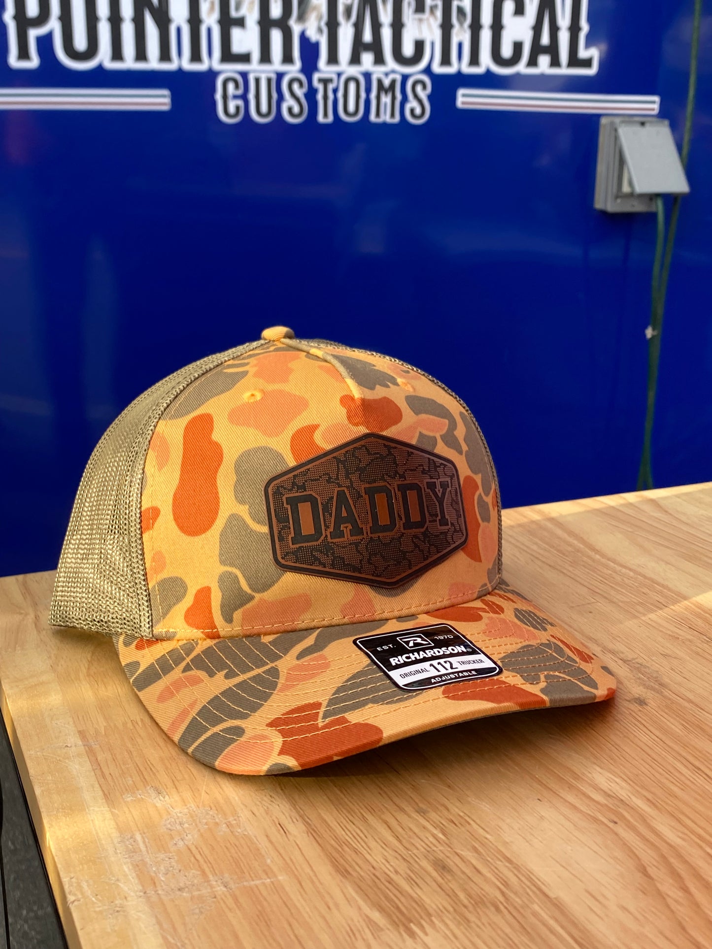 DADDY Leather Patch Hat – Richardson 112 | Retro Camo Trucker Cap | Pointer Tactical Customs