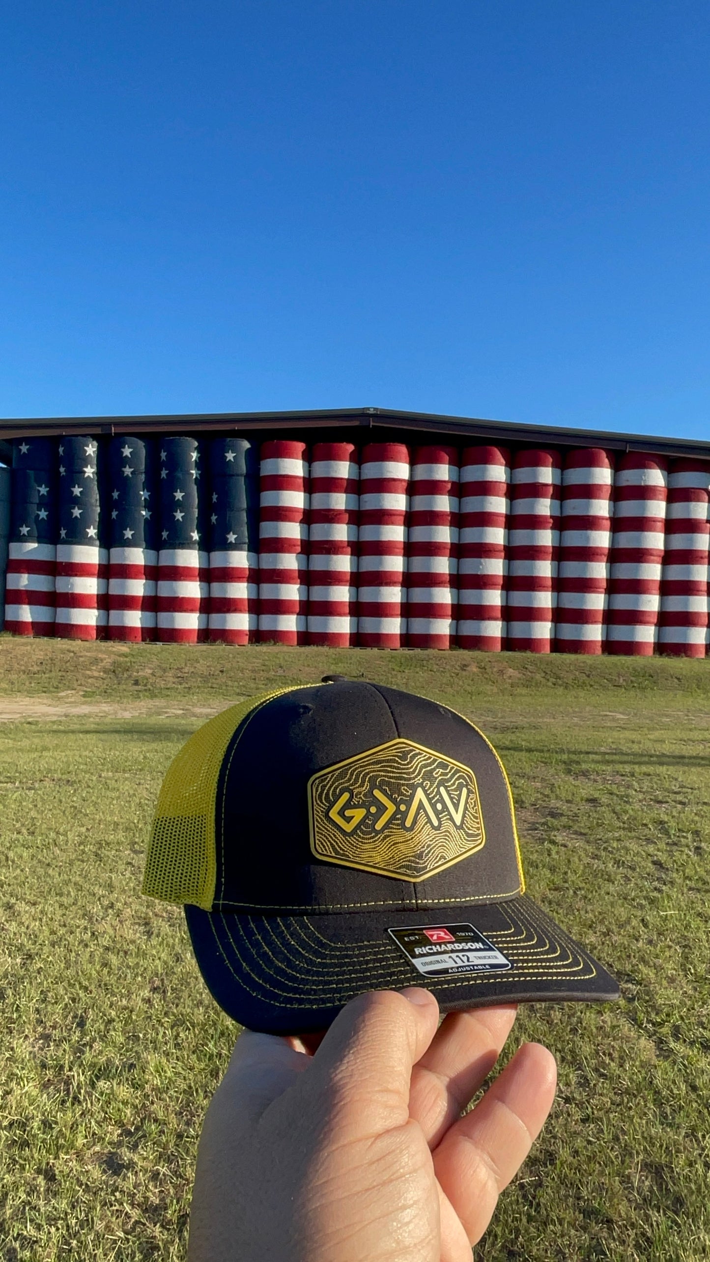 God is Greater Than the Highs and Lows Hex Topographic Patch Hat Yellow & Black Richardson 112 Trucker Pointer Tactical Customs