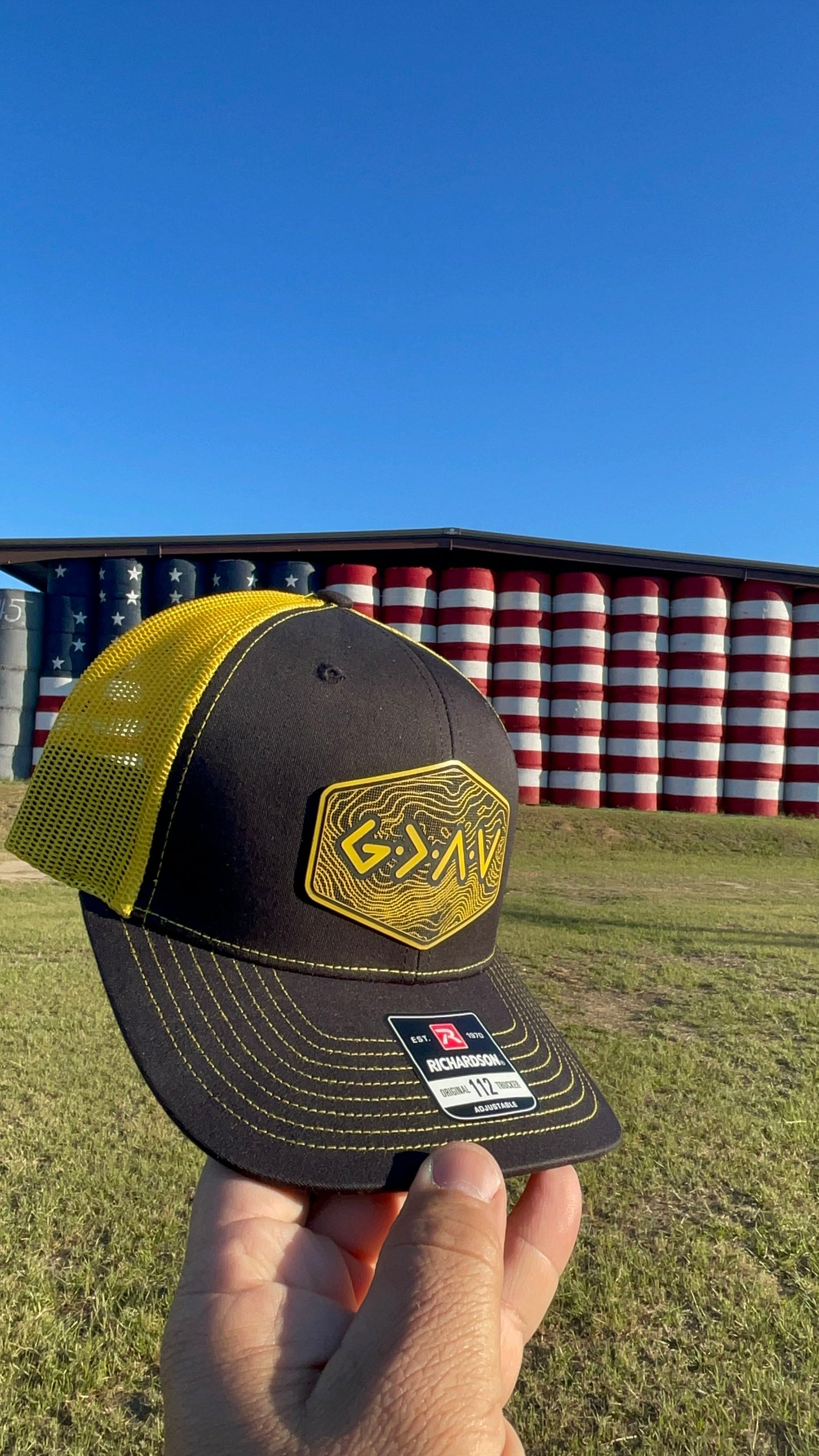 God is Greater Than the Highs and Lows Hex Topographic Patch Hat Yellow & Black Richardson 112 Trucker Pointer Tactical Customs