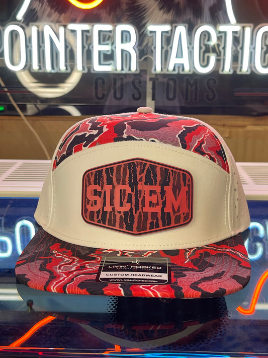 SIC’EM Red Black White Mesh Camo Linen Camo Leather Patch Hat | Georgia Bulldog Fan Edition