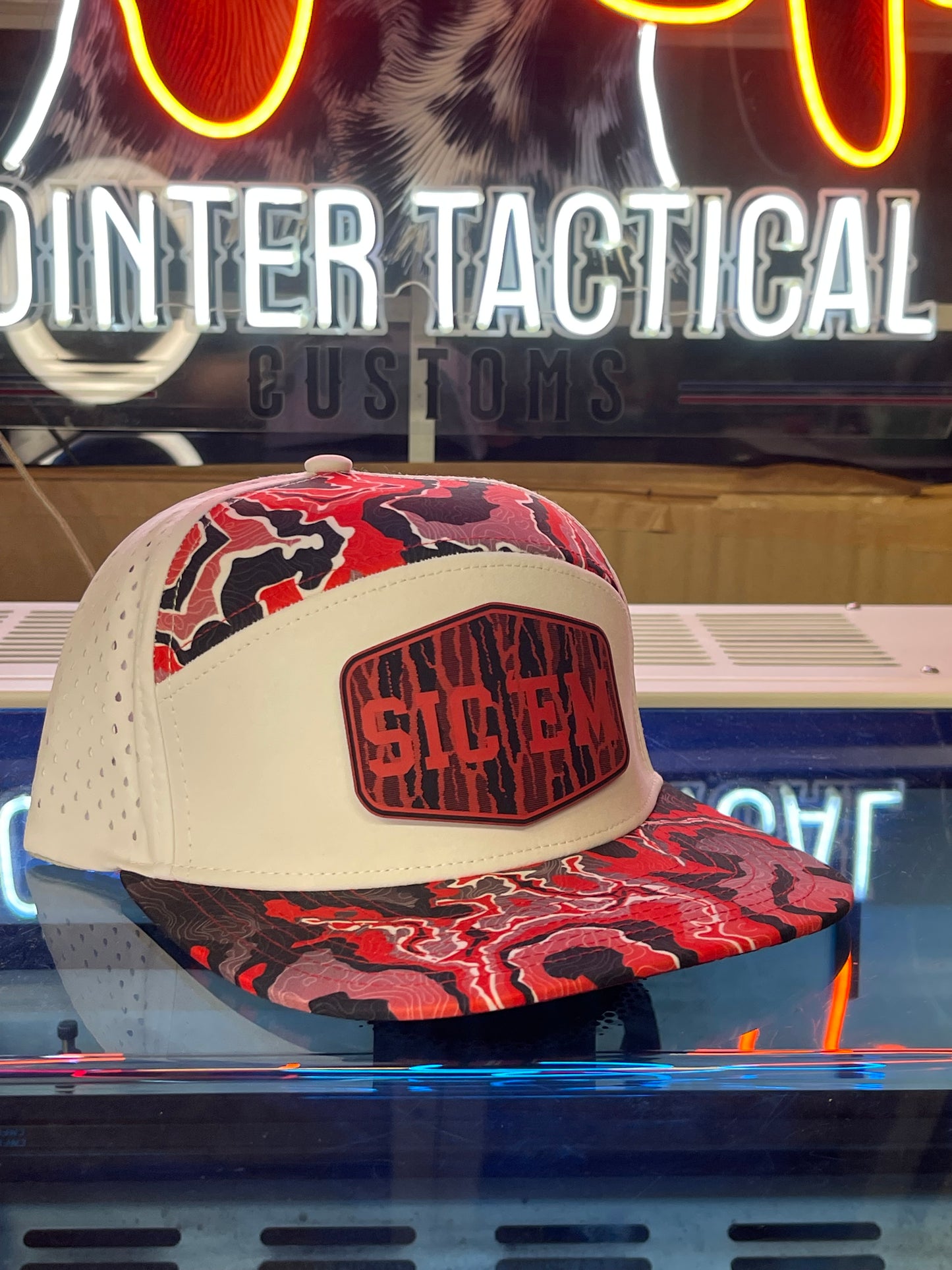 SIC’EM Red Black White Mesh Camo Linen Camo Leather Patch Hat | Georgia Bulldog Fan Edition
