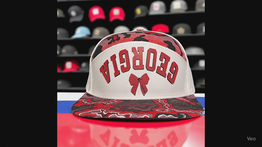 Game Day Bulldogs Snapback Reverse Cap with Georgia Text and Red Bow Design